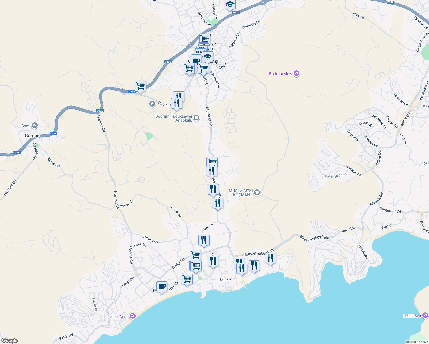 map of restaurants, bars, coffee shops, grocery stores, and more near Müskebi Caddesi in Bodrum