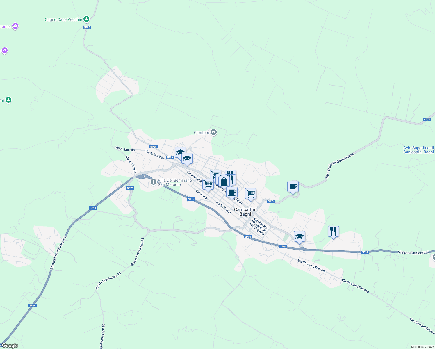map of restaurants, bars, coffee shops, grocery stores, and more near 96-98 Via P. Lolanda in Canicattini Bagni