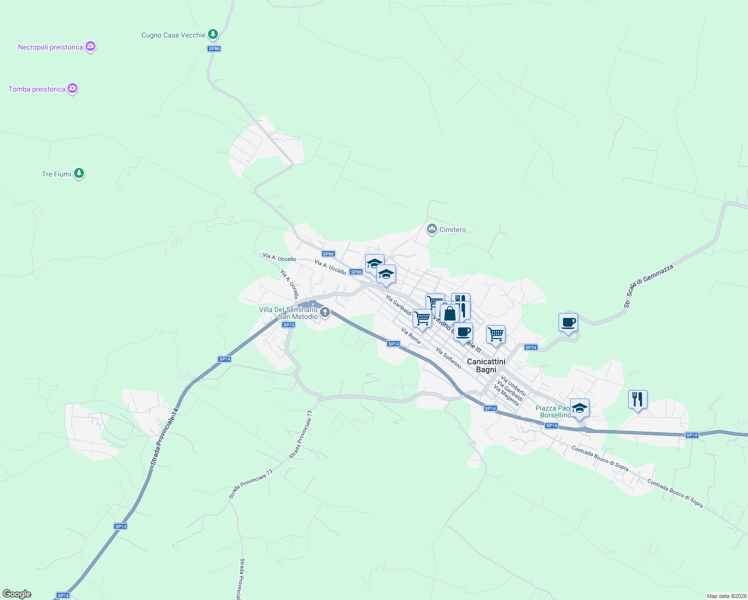 map of restaurants, bars, coffee shops, grocery stores, and more near 21 Via Arturo Basile in Canicattini Bagni