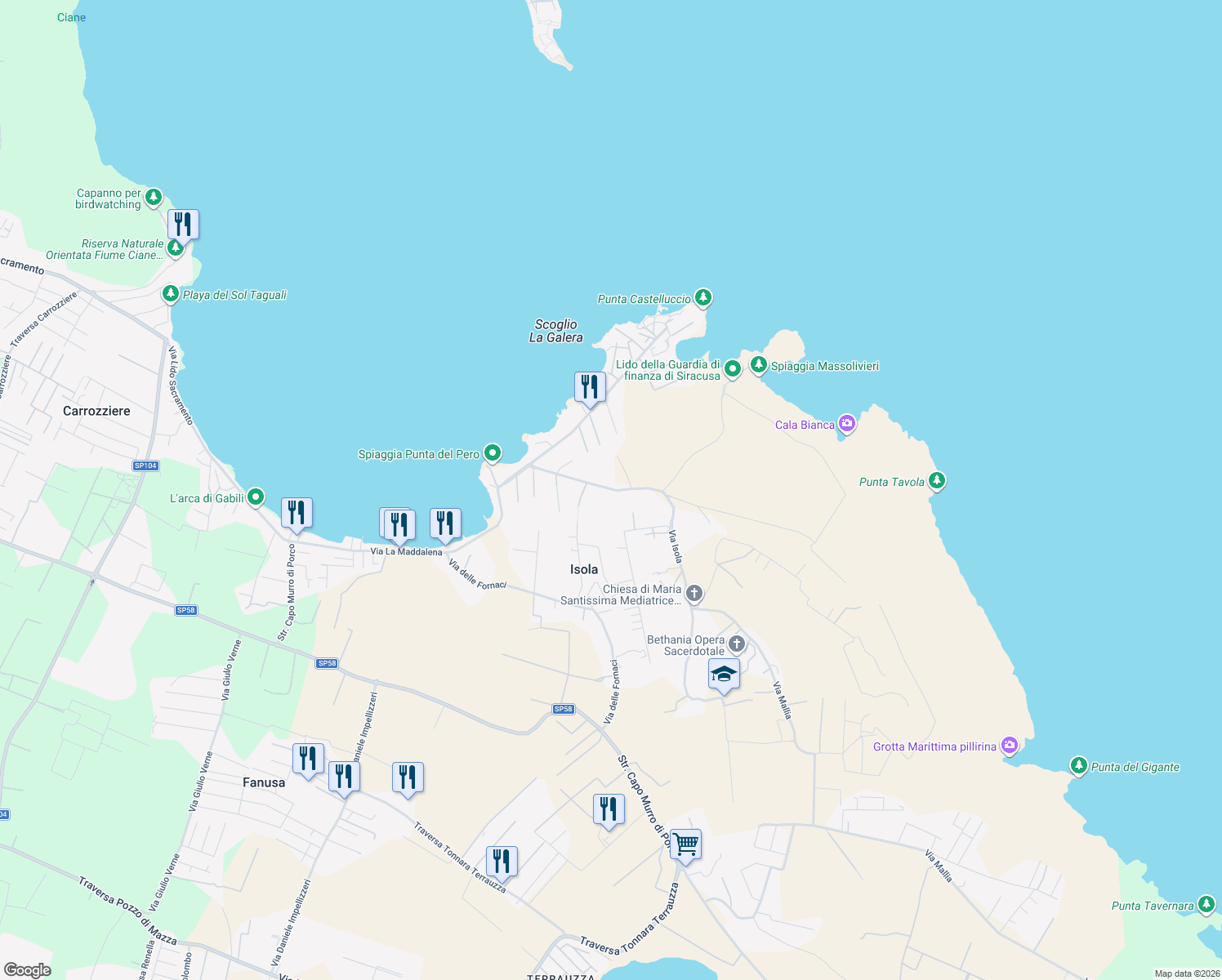 map of restaurants, bars, coffee shops, grocery stores, and more near 8 Via Isola in Isola