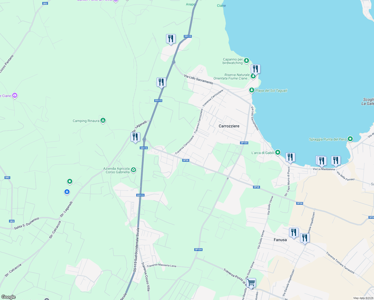 map of restaurants, bars, coffee shops, grocery stores, and more near 3 Via della Colomba in Carrozziere