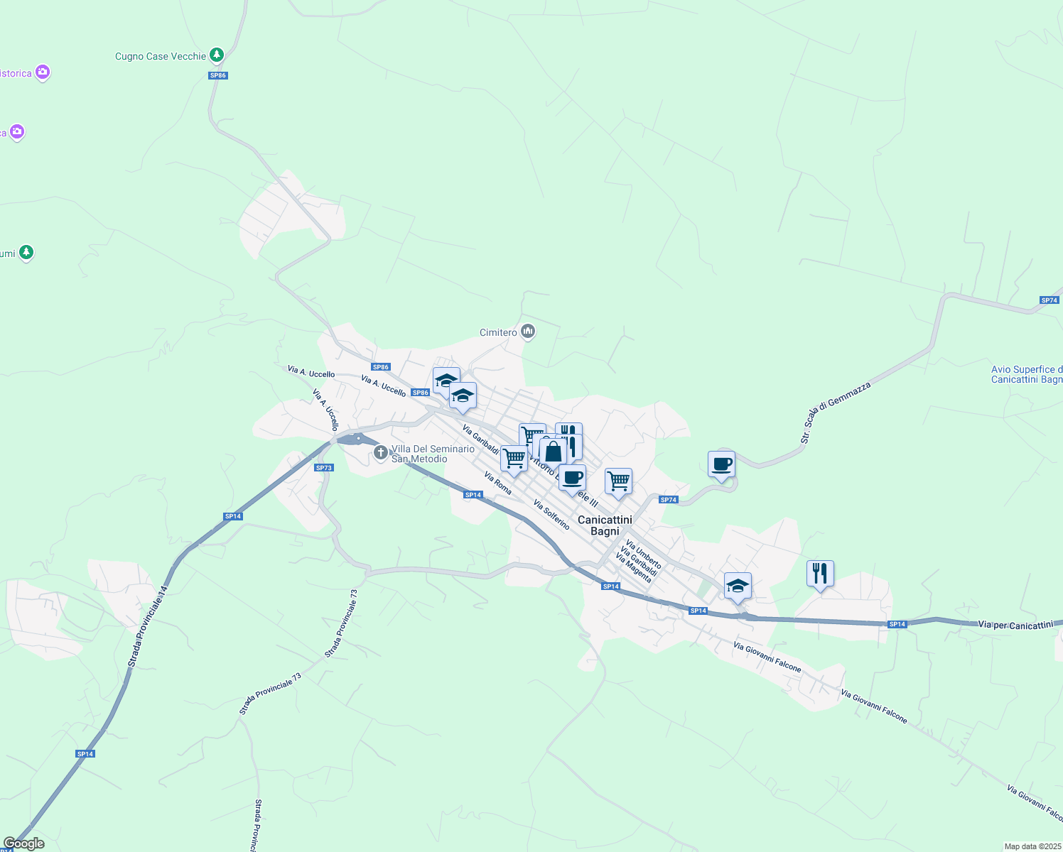 map of restaurants, bars, coffee shops, grocery stores, and more near 98 Via Principessa Jolanda in Canicattini Bagni