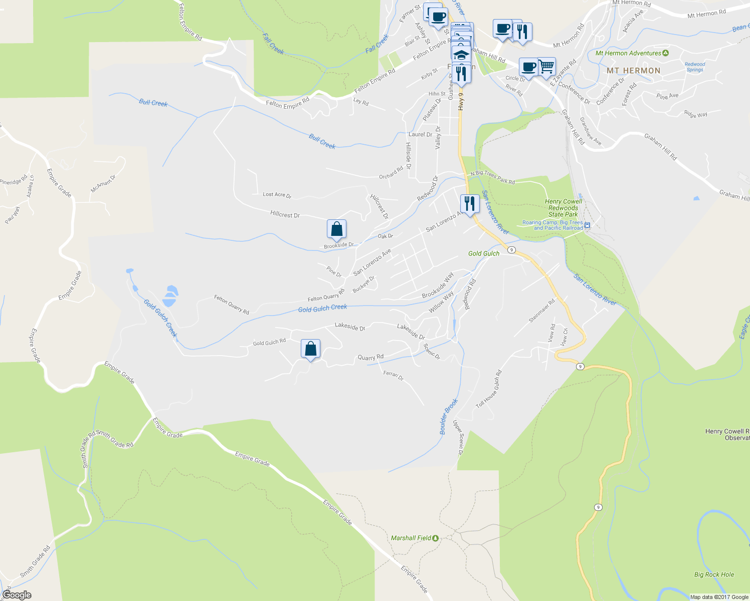 map of restaurants, bars, coffee shops, grocery stores, and more near 949 Brookside Way in Felton