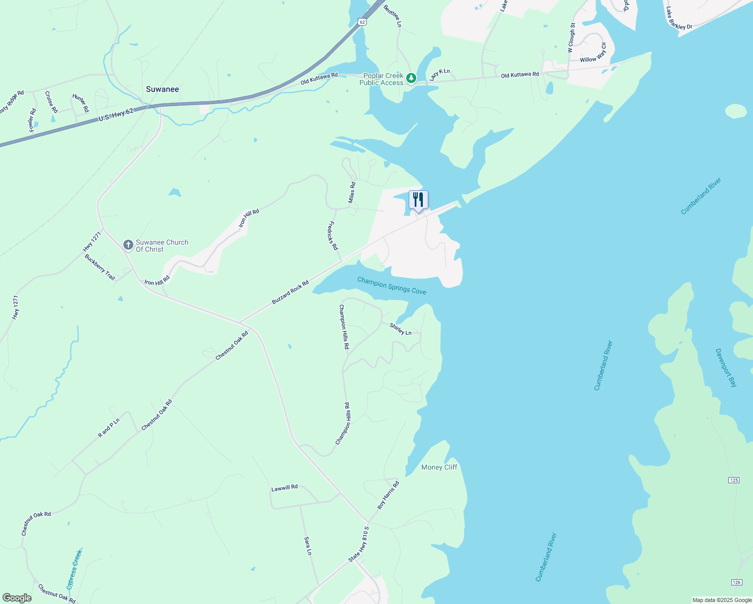 map of restaurants, bars, coffee shops, grocery stores, and more near Champion Hills Road in Kuttawa
