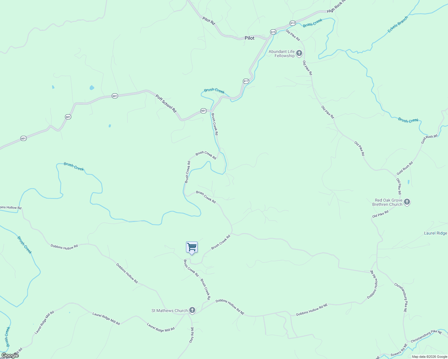 map of restaurants, bars, coffee shops, grocery stores, and more near 4944 Brush Creek Road in Riner