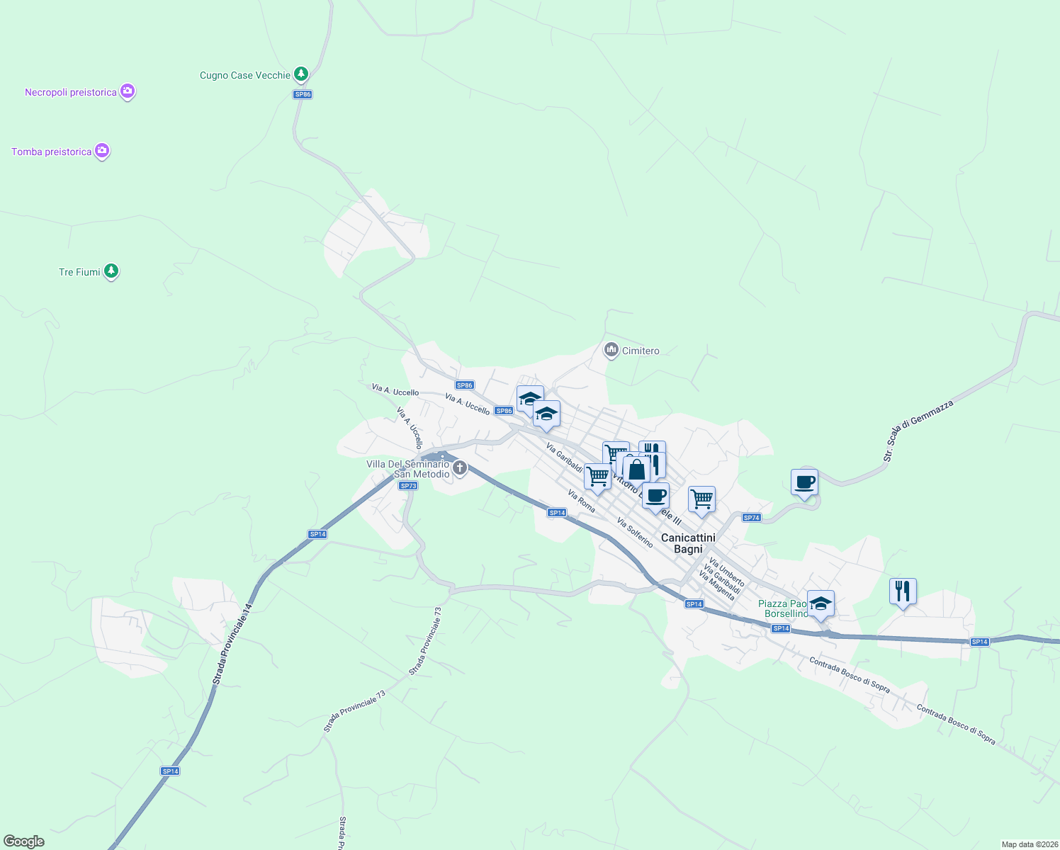 map of restaurants, bars, coffee shops, grocery stores, and more near Via San Nicola in Canicattini Bagni