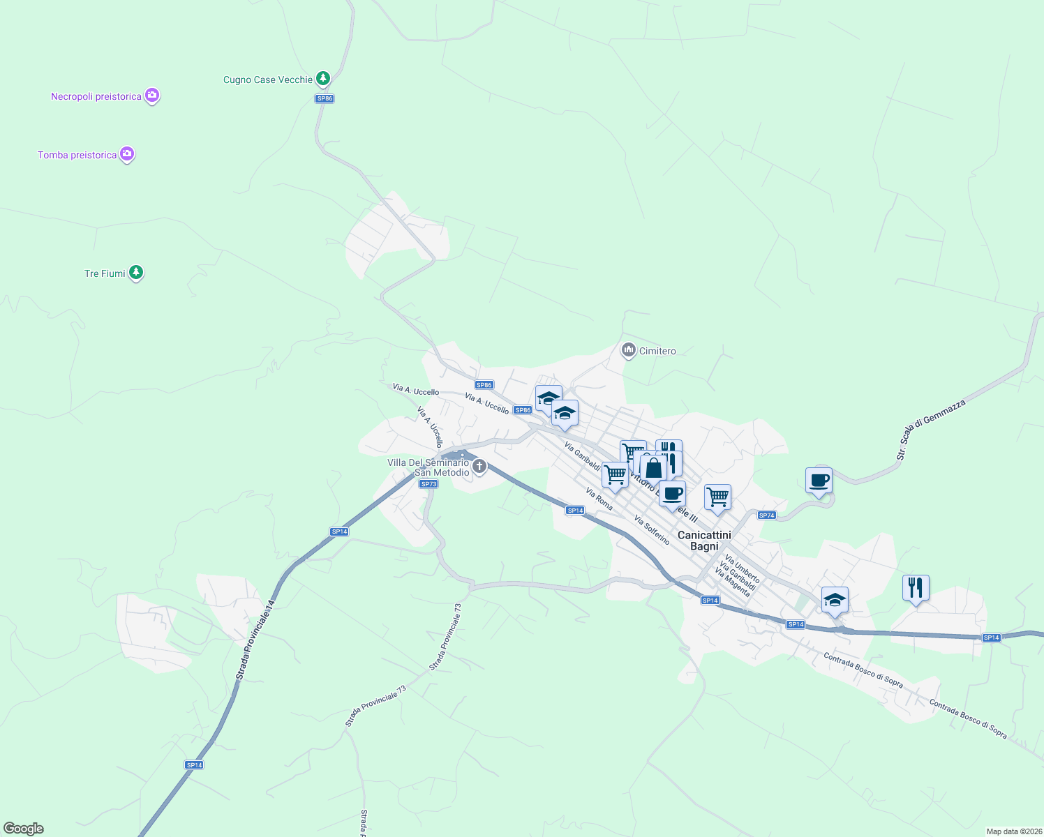 map of restaurants, bars, coffee shops, grocery stores, and more near 7 Via A. Uccello in Canicattini Bagni