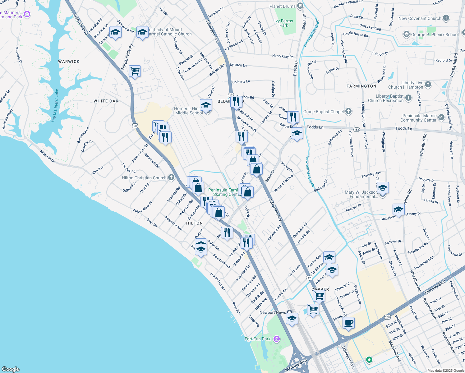map of restaurants, bars, coffee shops, grocery stores, and more near 407 Tyler Ave in Newport News