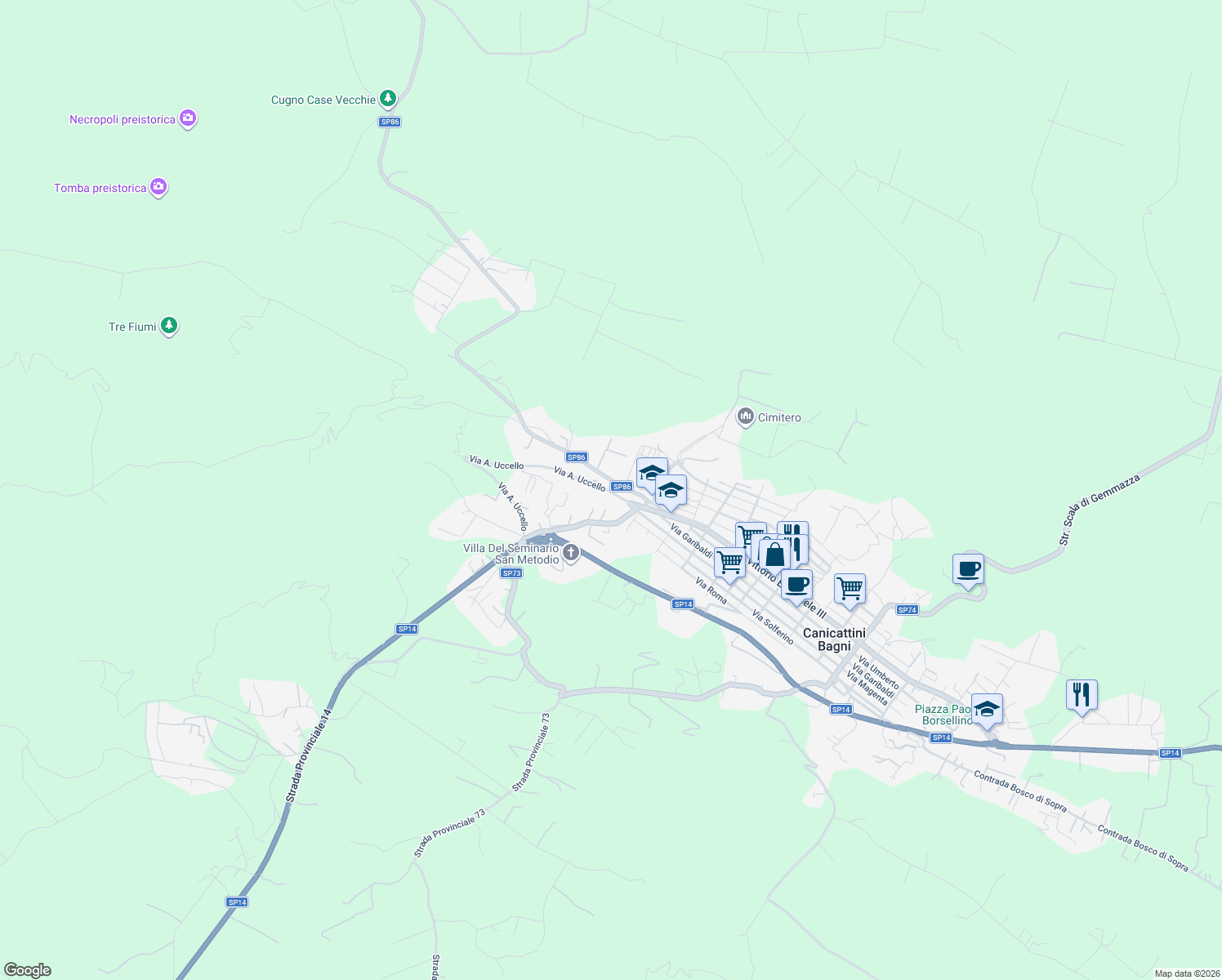 map of restaurants, bars, coffee shops, grocery stores, and more near 7/A Via A. Uccello in Canicattini Bagni