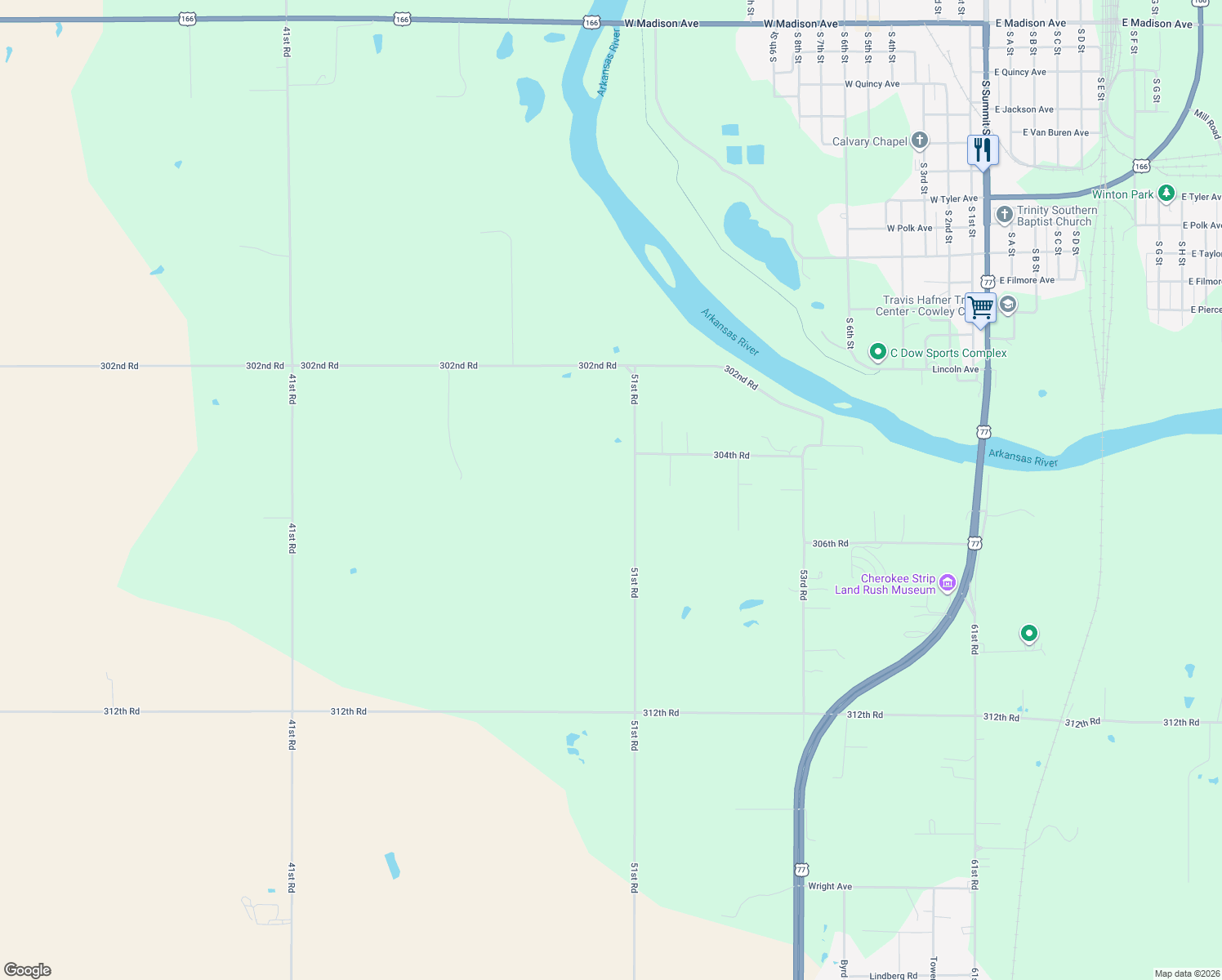 map of restaurants, bars, coffee shops, grocery stores, and more near 31295 51st Road in Arkansas City