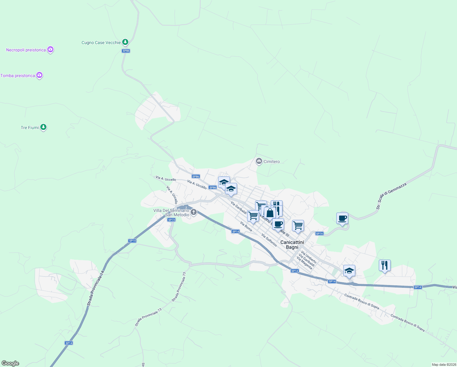 map of restaurants, bars, coffee shops, grocery stores, and more near Via San Nicola in Canicattini Bagni