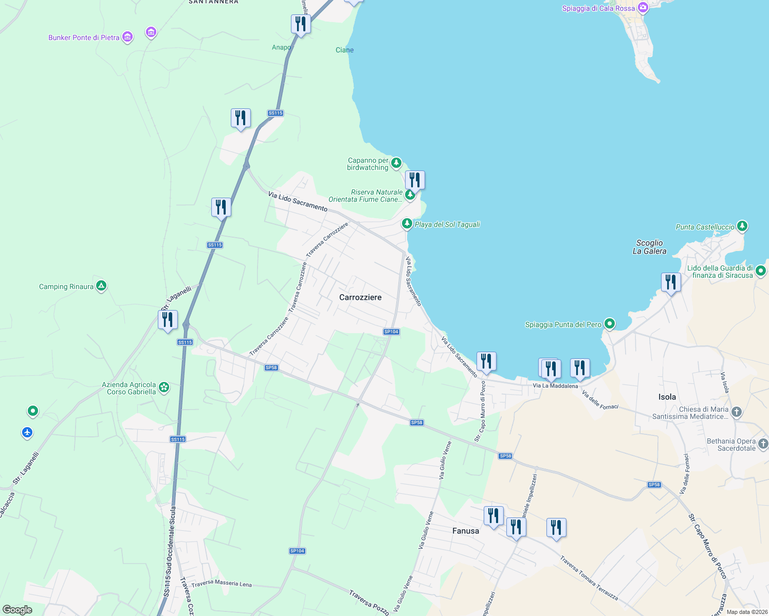 map of restaurants, bars, coffee shops, grocery stores, and more near 9 Via del Gabbiano in Carrozziere