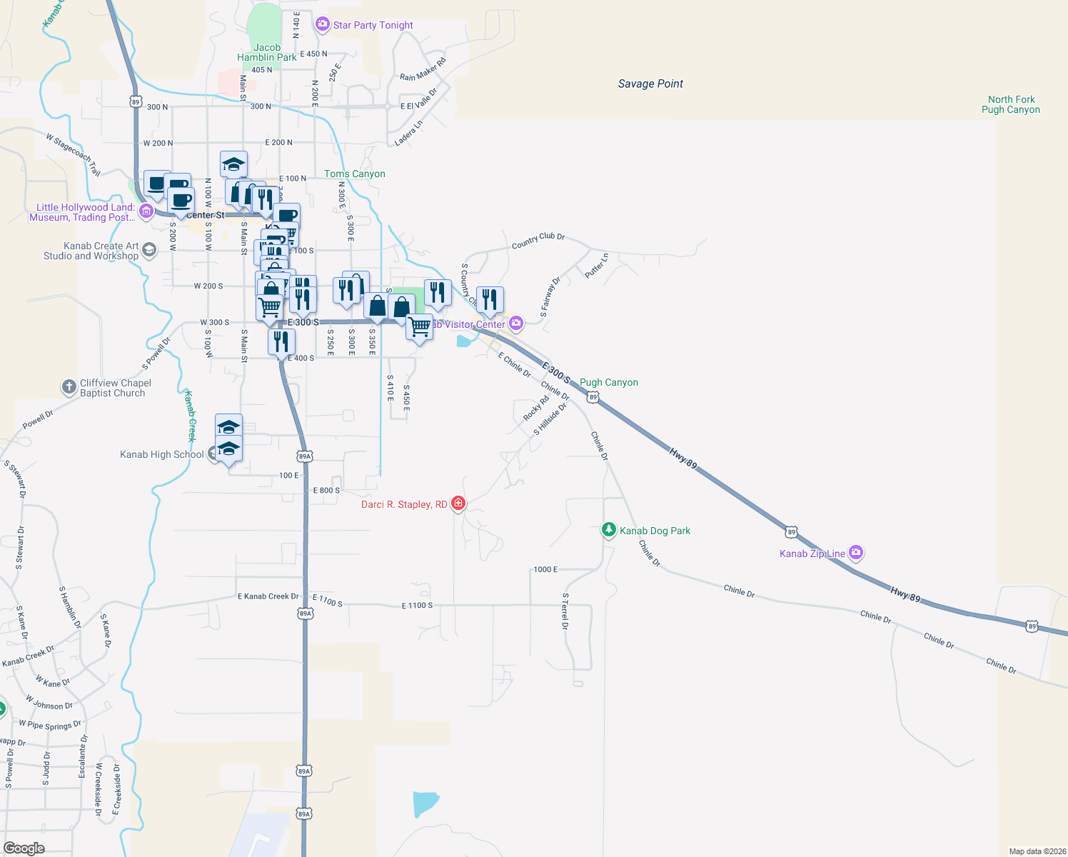 map of restaurants, bars, coffee shops, grocery stores, and more near 632 South Hillside Drive in Kanab