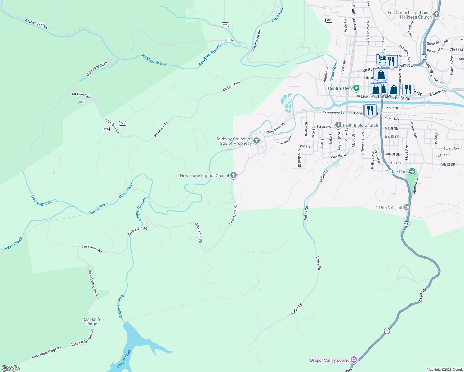 map of restaurants, bars, coffee shops, grocery stores, and more near 1615 Case Knife Road in Pulaski