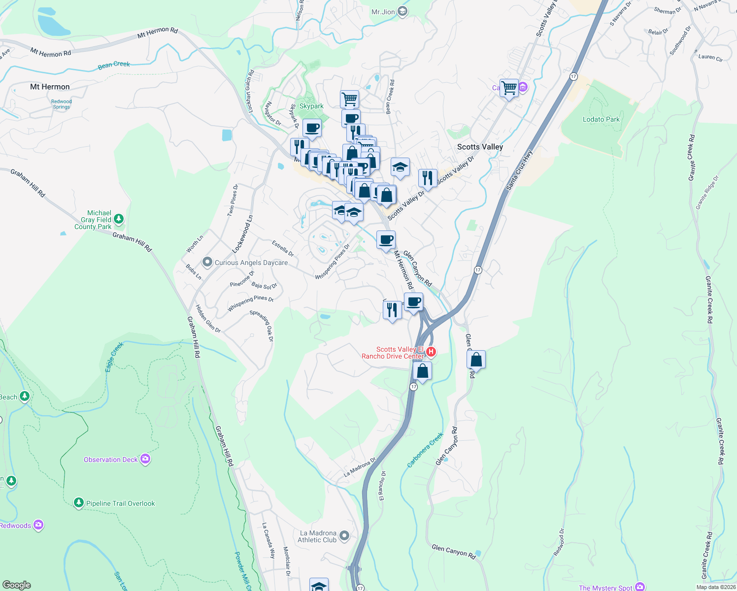 map of restaurants, bars, coffee shops, grocery stores, and more near 244 Miraflores Road in Scotts Valley