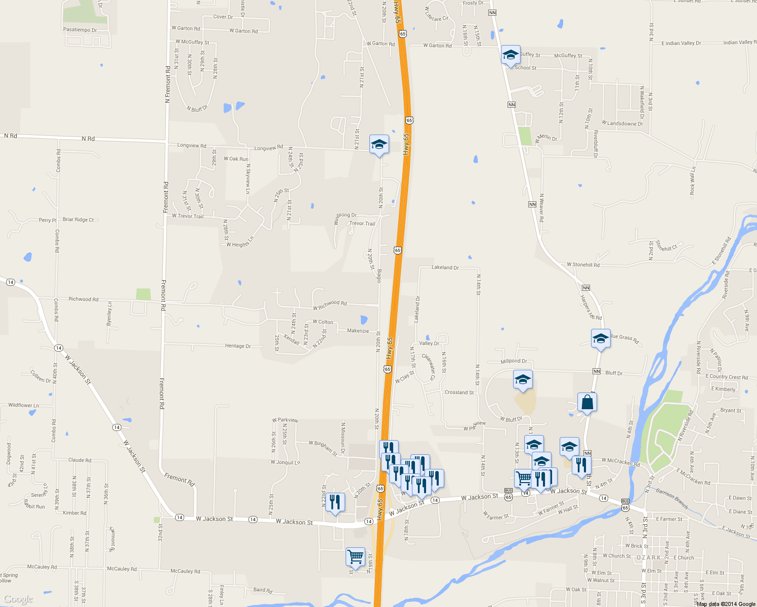 map of restaurants, bars, coffee shops, grocery stores, and more near 2225 North 20th Street in Ozark