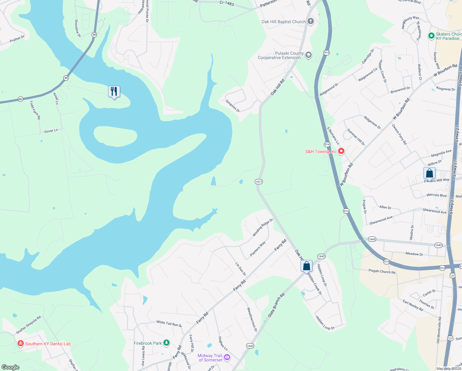 map of restaurants, bars, coffee shops, grocery stores, and more near 232 Lakemere Drive in Pulaski County