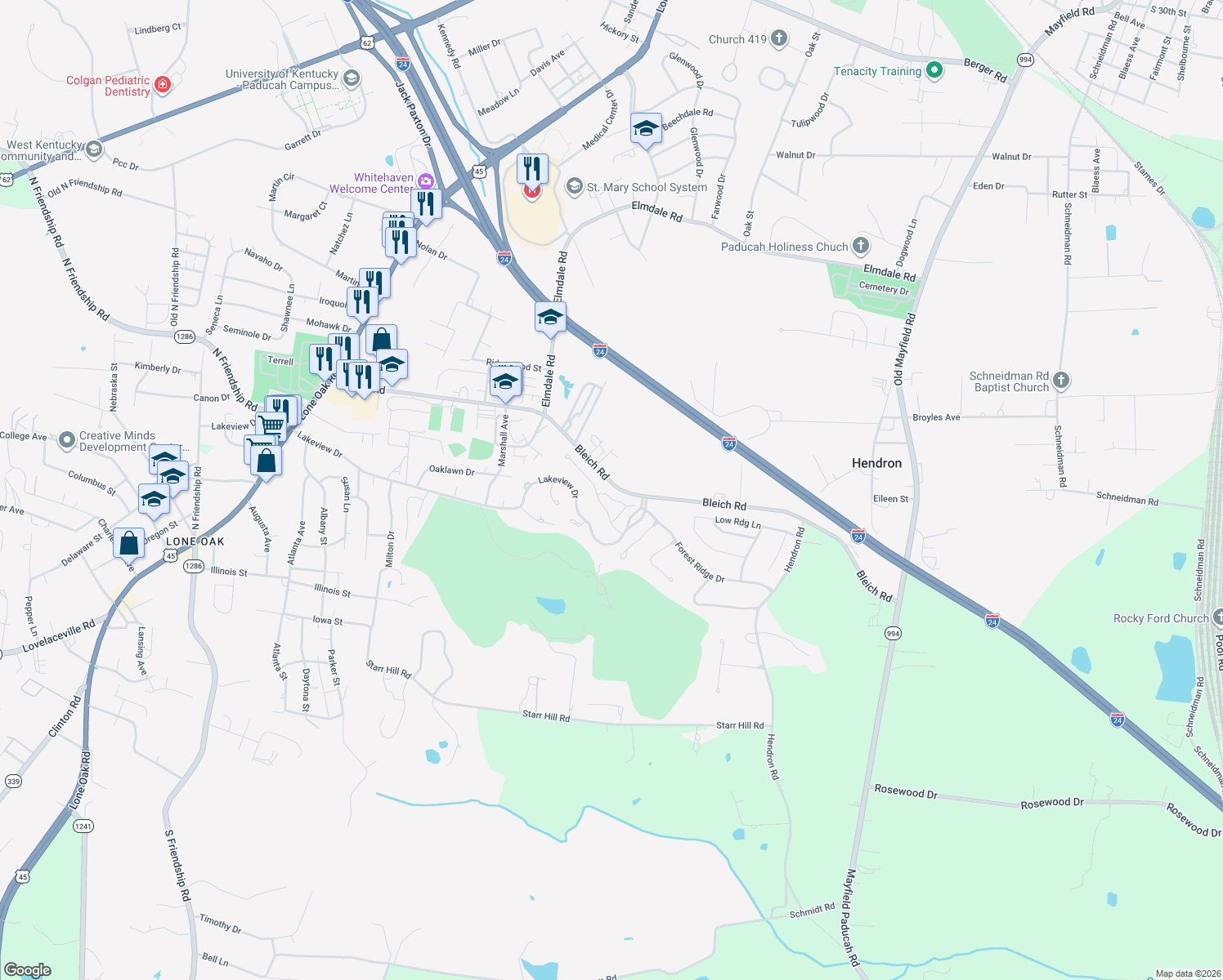 map of restaurants, bars, coffee shops, grocery stores, and more near 185 Spring Valley Cove in Paducah