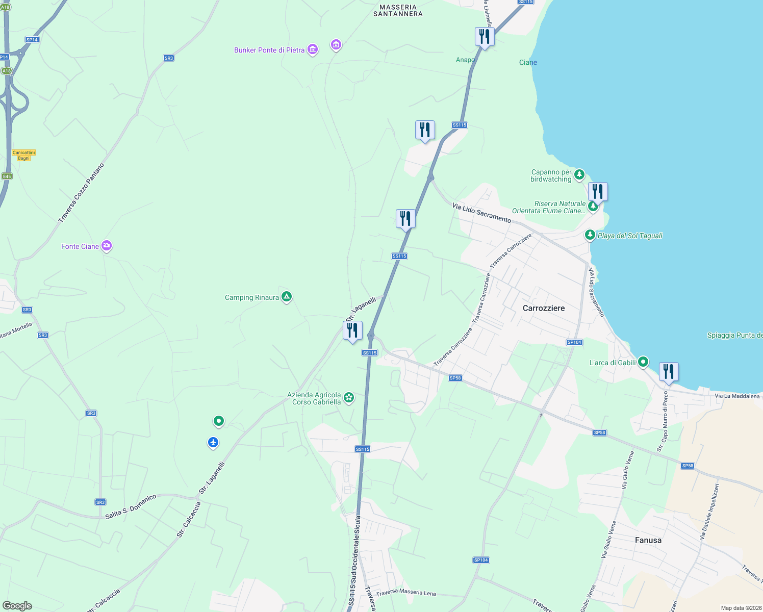 map of restaurants, bars, coffee shops, grocery stores, and more near 3 Via Elorina in Libero consorzio comunale di Siracusa