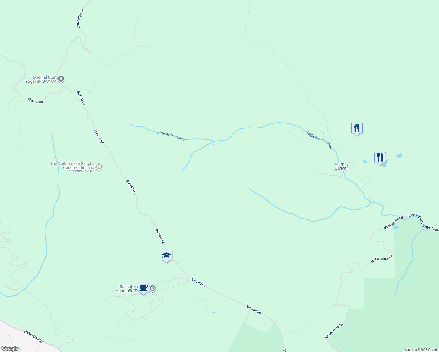 map of restaurants, bars, coffee shops, grocery stores, and more near 7175 Redwood Retreat Road in Gilroy