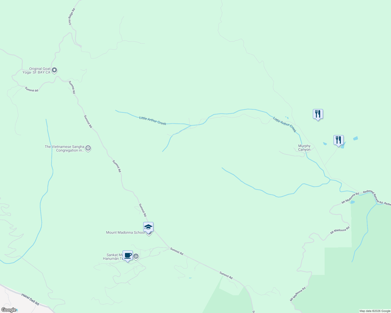 map of restaurants, bars, coffee shops, grocery stores, and more near 7175 Redwood Retreat Road in Gilroy