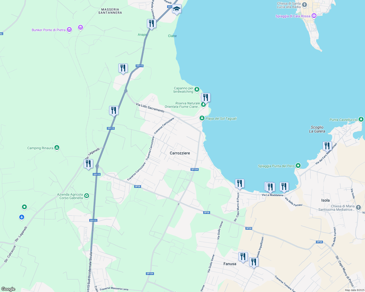 map of restaurants, bars, coffee shops, grocery stores, and more near 20 Via del Cormorano in Carrozziere