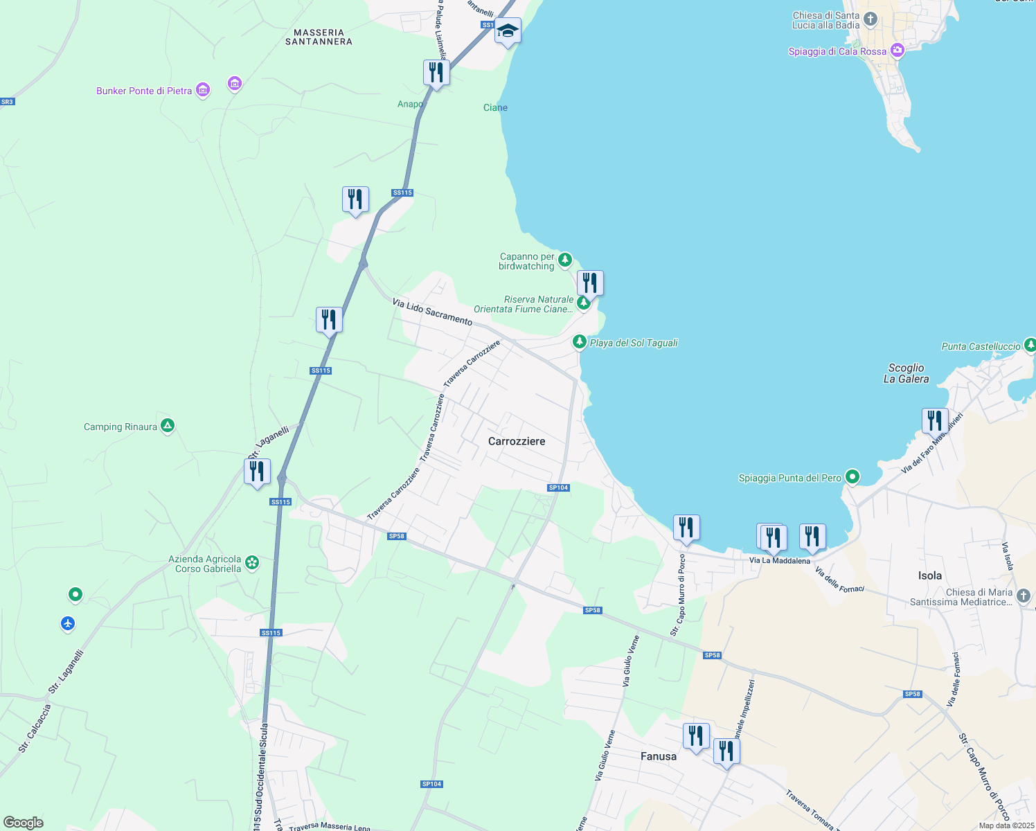 map of restaurants, bars, coffee shops, grocery stores, and more near 20 Via del Cormorano in Carrozziere