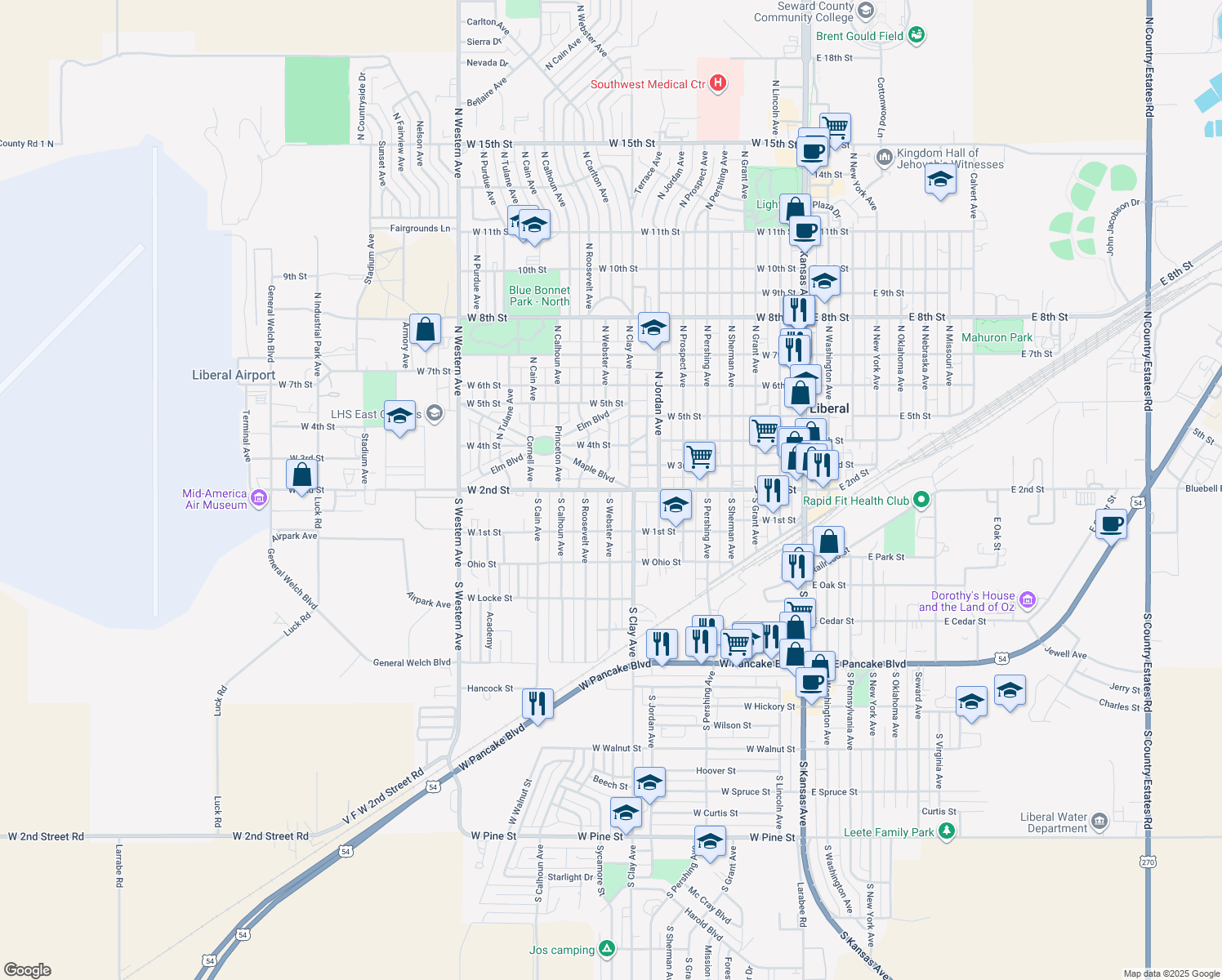 map of restaurants, bars, coffee shops, grocery stores, and more near 798 W 2nd St in Liberal
