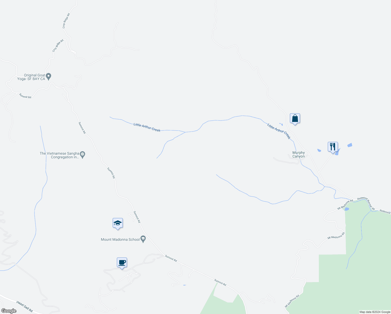 map of restaurants, bars, coffee shops, grocery stores, and more near 7175 Redwood Retreat Road in Gilroy