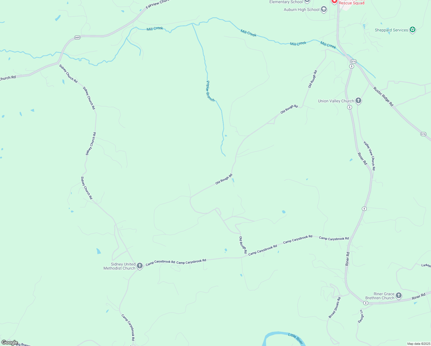 map of restaurants, bars, coffee shops, grocery stores, and more near 4863 Old Rough Road in Riner