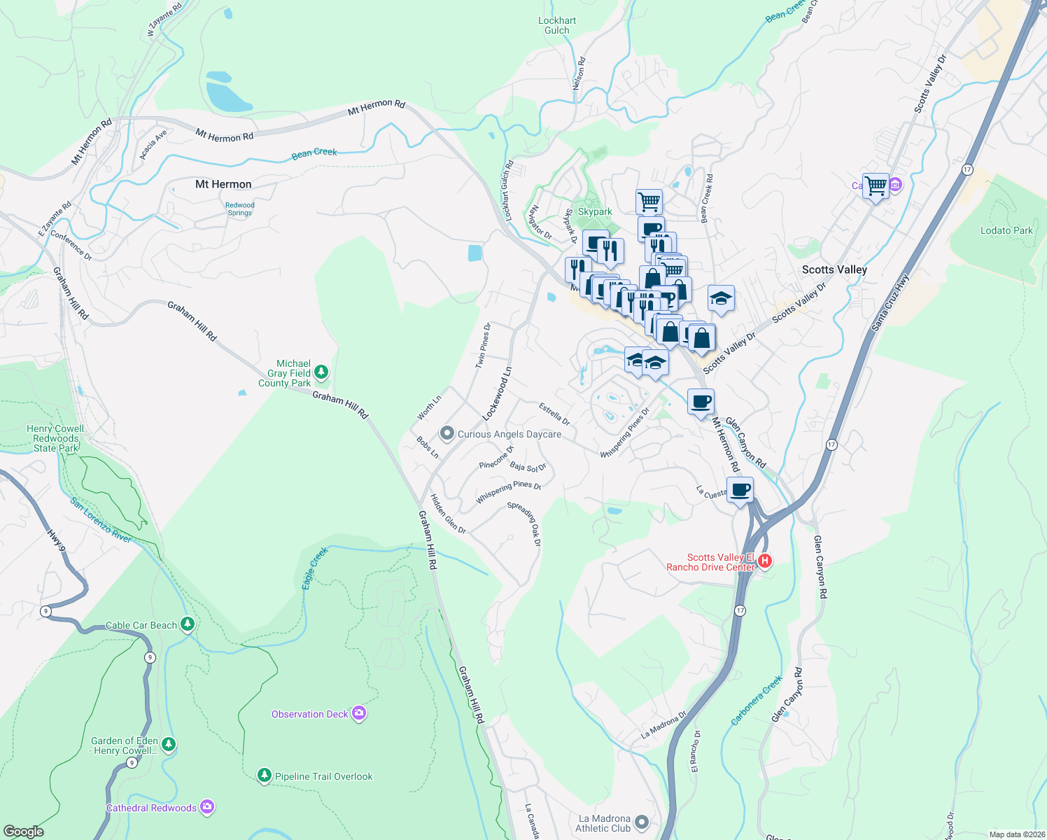 map of restaurants, bars, coffee shops, grocery stores, and more near 141 Lunar Drive in Scotts Valley