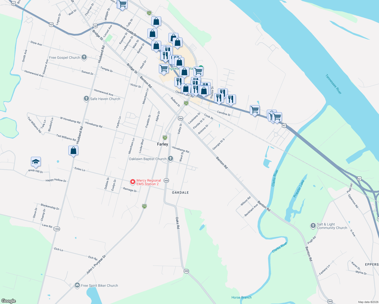 map of restaurants, bars, coffee shops, grocery stores, and more near 3599 Hovekamp Rd in Paducah