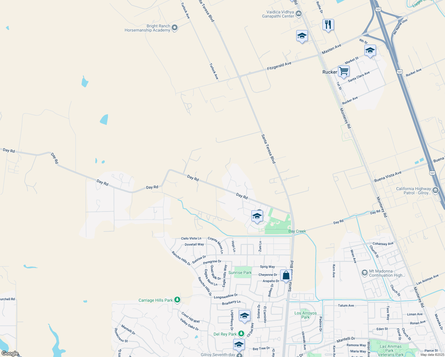 map of restaurants, bars, coffee shops, grocery stores, and more near 1125 Day Road in Gilroy