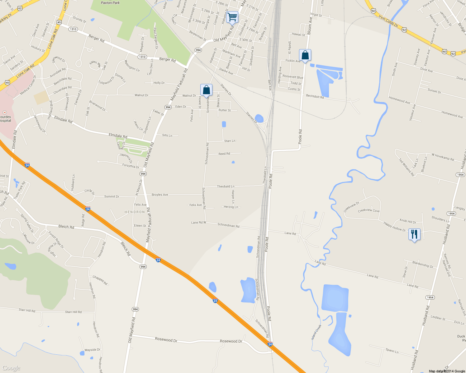map of restaurants, bars, coffee shops, grocery stores, and more near 4499 Harper Lane in Paducah
