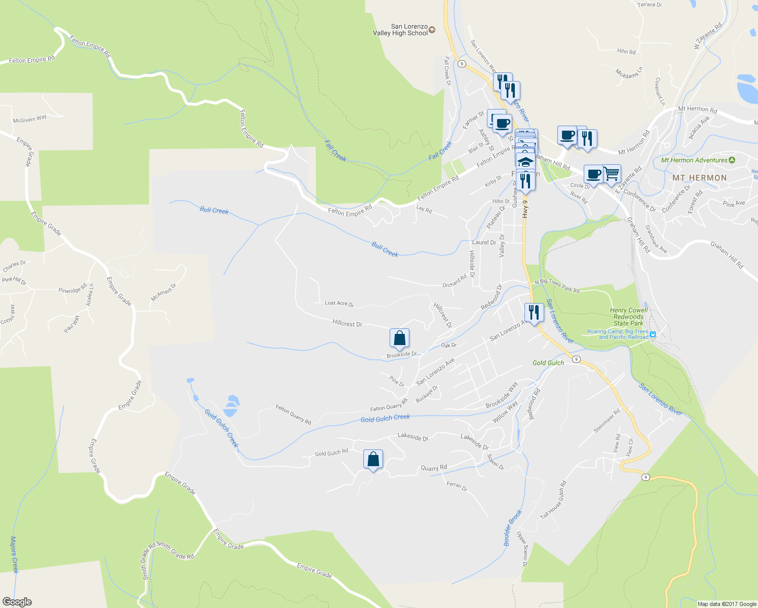 map of restaurants, bars, coffee shops, grocery stores, and more near 1099 Lost Acre Drive in Felton