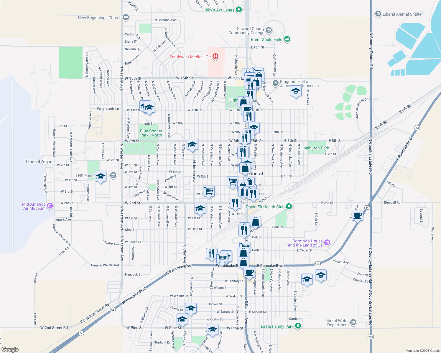 map of restaurants, bars, coffee shops, grocery stores, and more near 499 N Sherman Ave in Liberal
