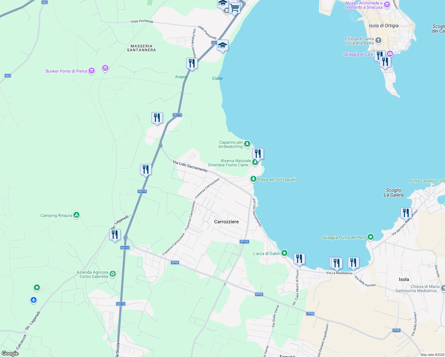 map of restaurants, bars, coffee shops, grocery stores, and more near snc Traversa Caderini in Libero consorzio comunale di Siracusa