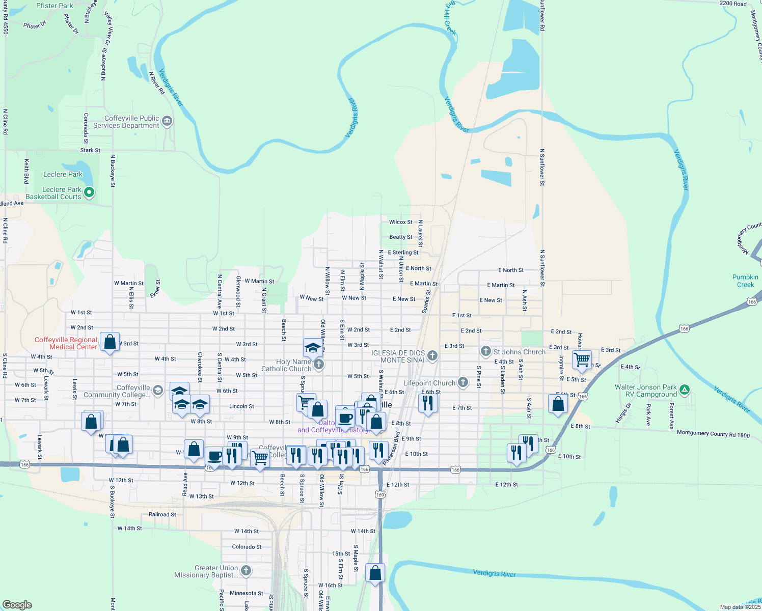 map of restaurants, bars, coffee shops, grocery stores, and more near 156 North Walnut Street in Coffeyville