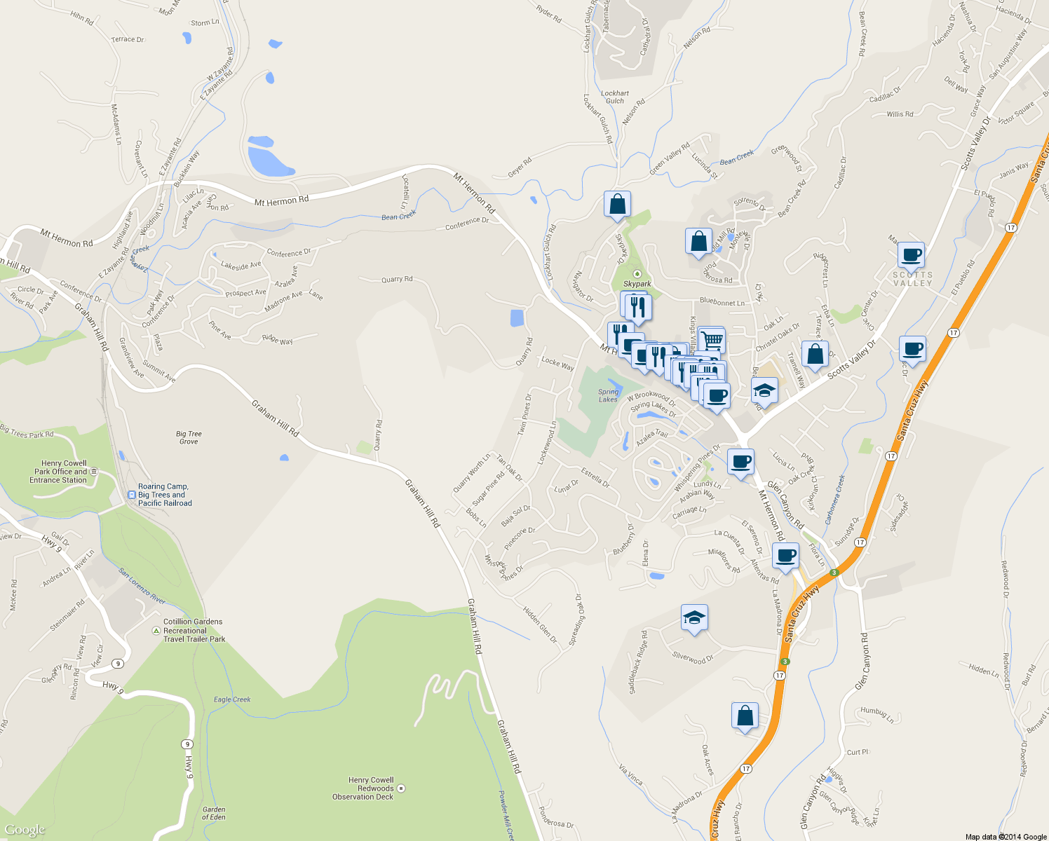 map of restaurants, bars, coffee shops, grocery stores, and more near Twin Pines Drive in Scotts Valley