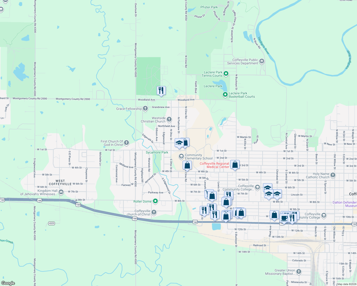 map of restaurants, bars, coffee shops, grocery stores, and more near 198 N Parkview in Coffeyville