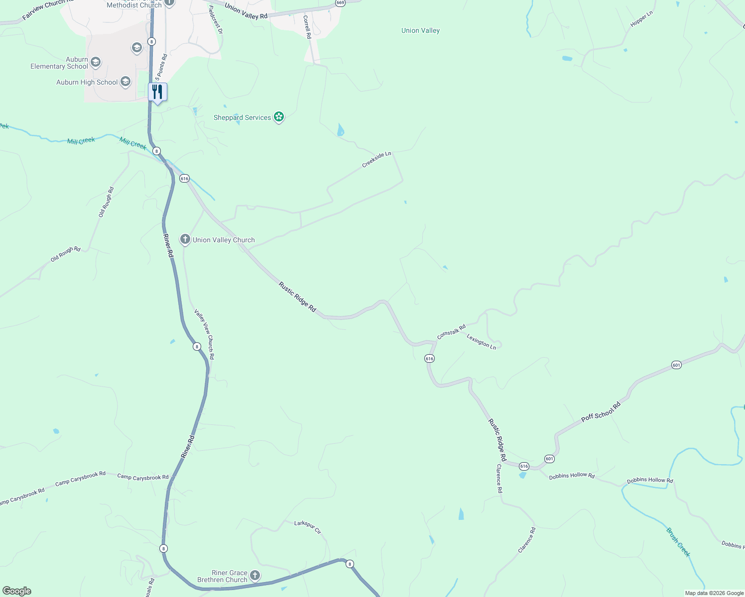map of restaurants, bars, coffee shops, grocery stores, and more near 1430 Rustic Ridge Road in Riner