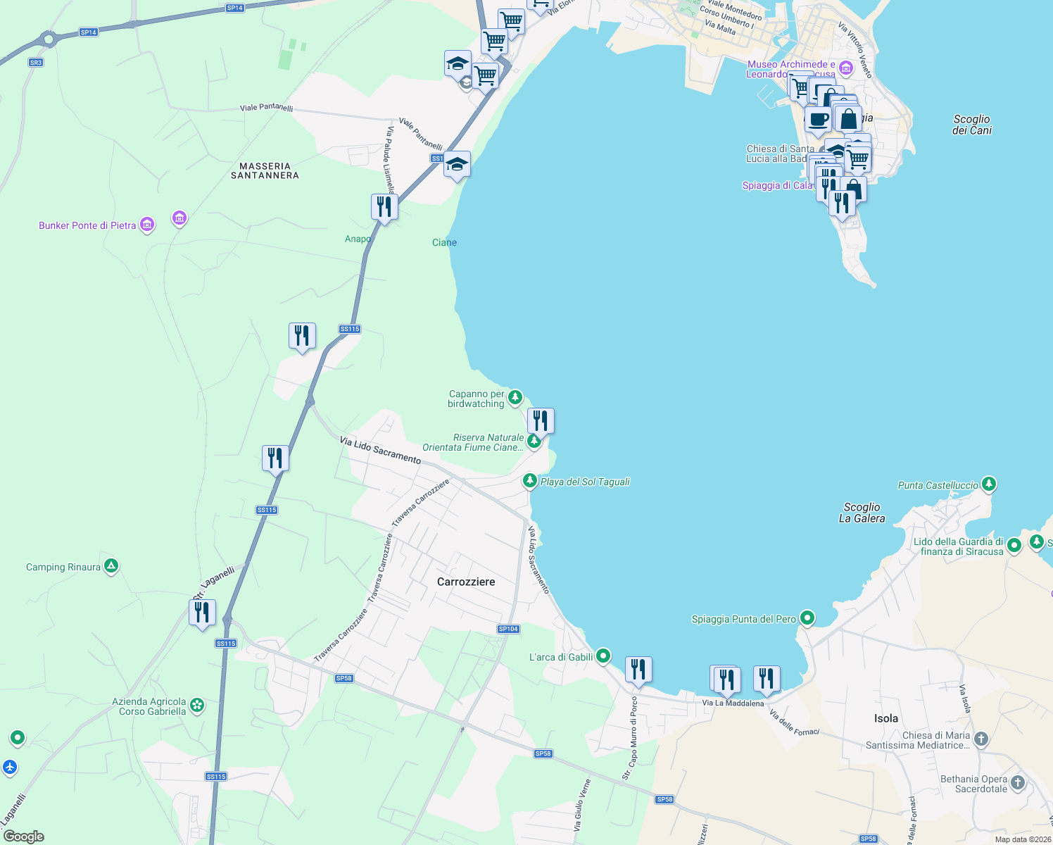 map of restaurants, bars, coffee shops, grocery stores, and more near Traversa Caderini in Libero consorzio comunale di Siracusa