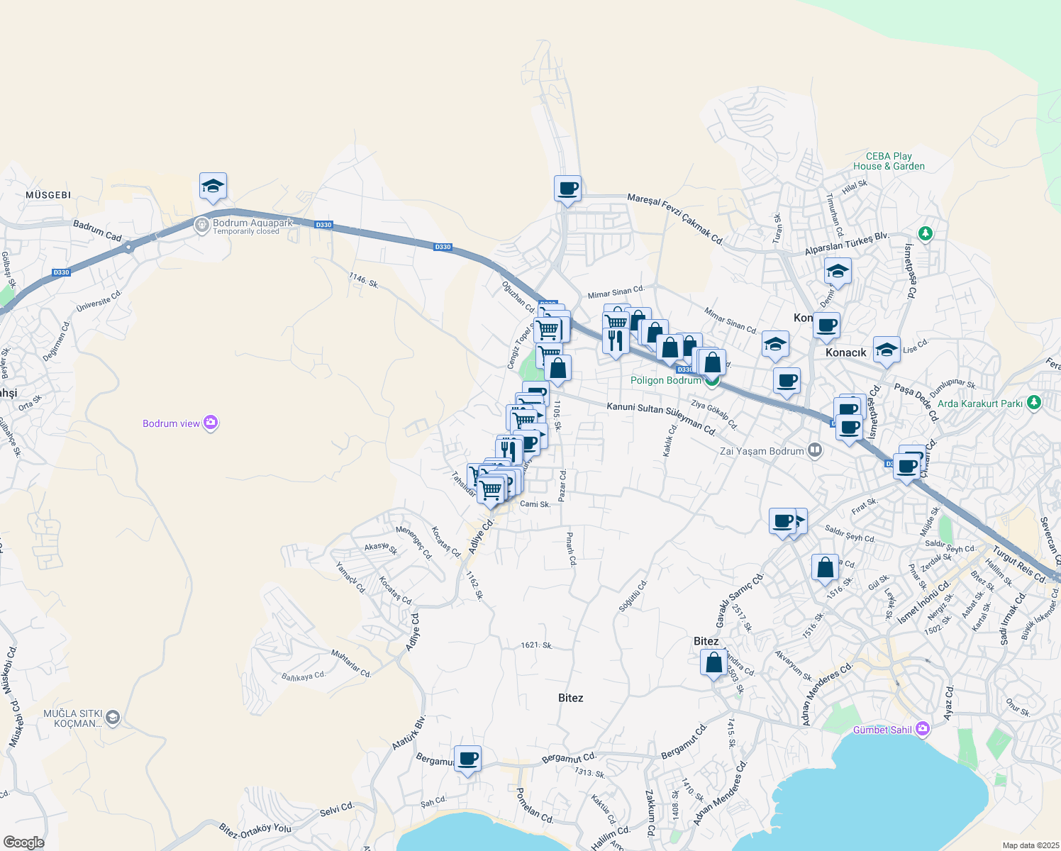 map of restaurants, bars, coffee shops, grocery stores, and more near Adliye Caddesi in Bodrum