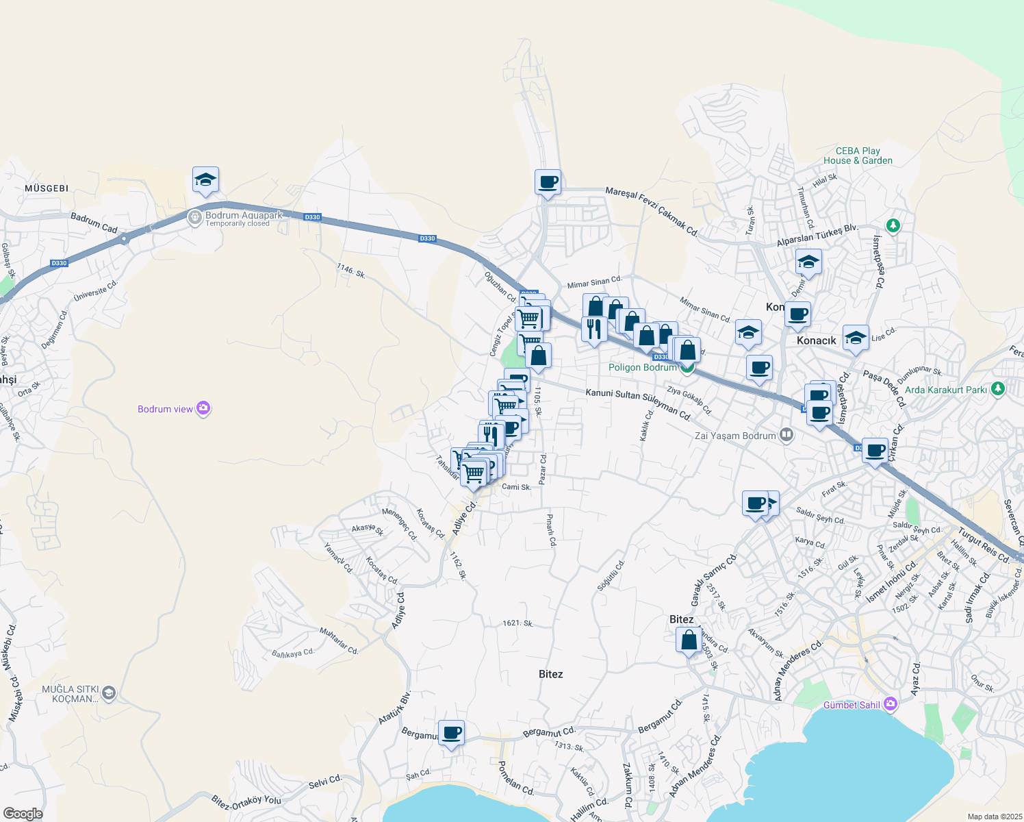 map of restaurants, bars, coffee shops, grocery stores, and more near Adliye Caddesi in Bodrum