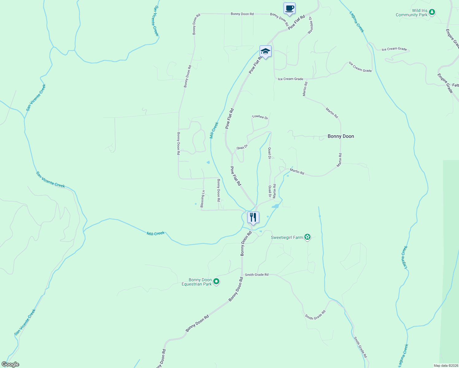 map of restaurants, bars, coffee shops, grocery stores, and more near 4600 Bonny Doon Road in Santa Cruz