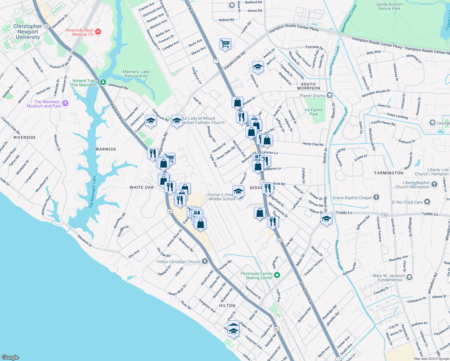 map of restaurants, bars, coffee shops, grocery stores, and more near 1168 Tyler Avenue in Newport News