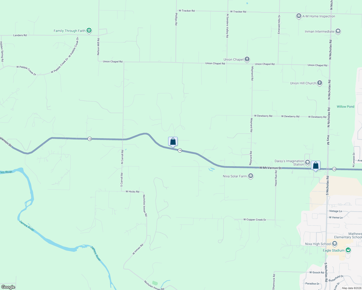 map of restaurants, bars, coffee shops, grocery stores, and more near 1863 West Mount Vernon Street in Nixa