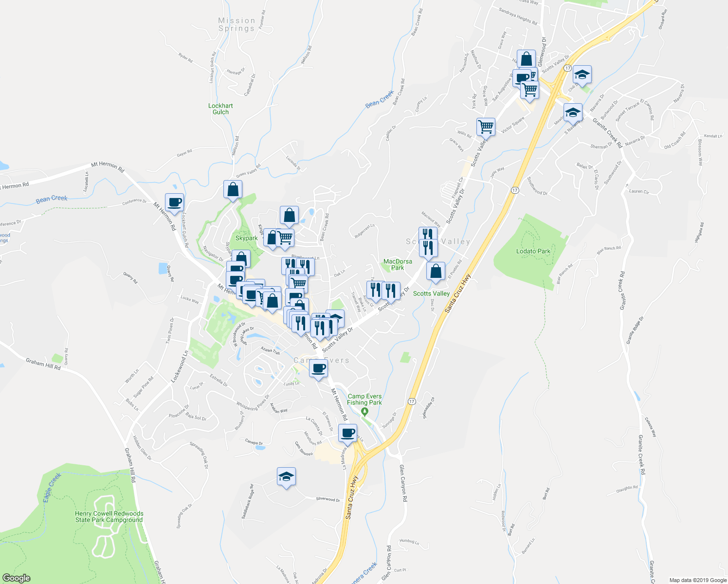 map of restaurants, bars, coffee shops, grocery stores, and more near 100 Acorn Court in Scotts Valley