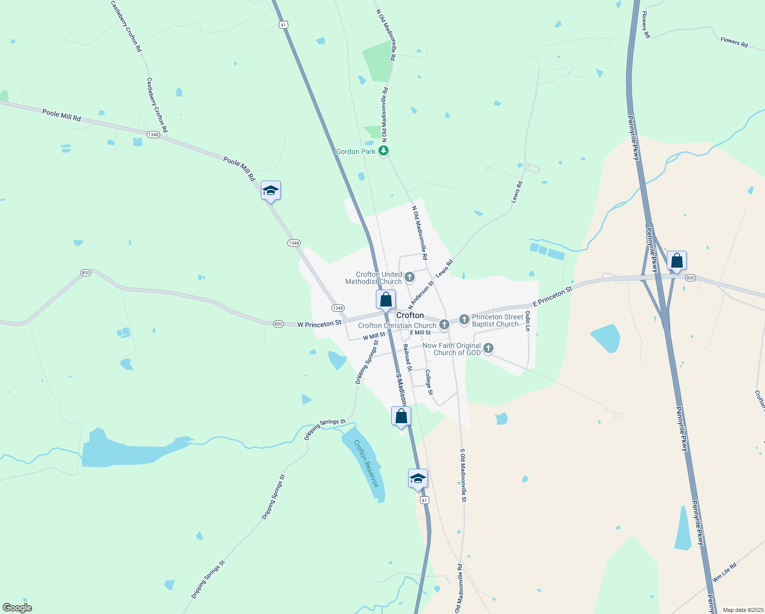 map of restaurants, bars, coffee shops, grocery stores, and more near 111 North Madisonville Street in Crofton