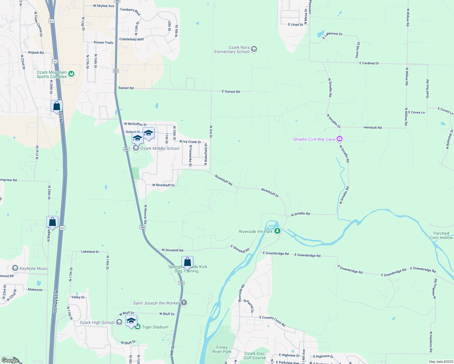 map of restaurants, bars, coffee shops, grocery stores, and more near Riverbluff Dr in Ozark